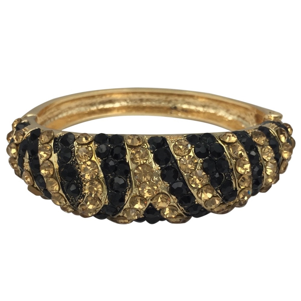 Gold & Black Tiger Stripe Rhinestone Fancy Statement Hinged Bangle Bracelet